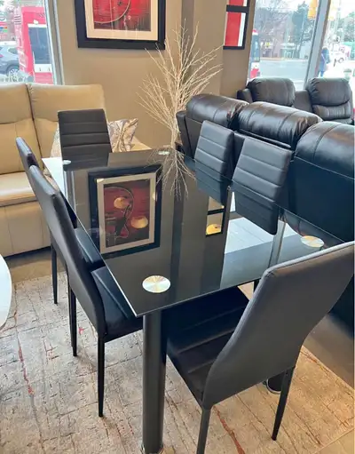 Minimalist Glass & Chrome Dining Table with 6 Faux Leather Chair, View more