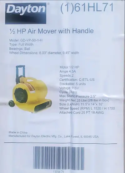Brand new in sealed box Dayton 1/2 HP Air movers with handle. • 1/2 hp motor while drawing a minimal...