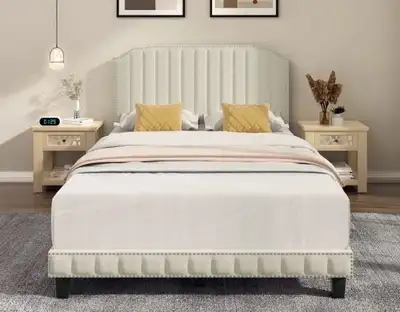 Upholstered Bed Frame, QUEEN, BEIGE, View more