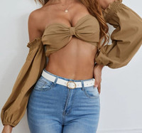 Solid Puff Sleeve Shirred Back Top. 