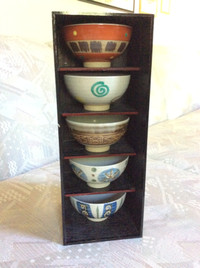 Japanese Arita porcelain rice bowl set in display case