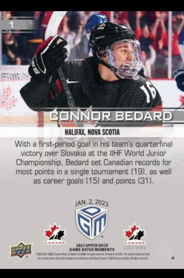 Connor Bedard 2023 Team Canada Card   in Arts & Collectibles in Edmonton - Image 2