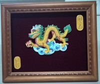 Vintage Chinese Porcelain Dragon Framed Picture 3D Colorful