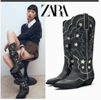 Black Leather Cowboy Boots  Zara Stars EUR 40 Size 9 NEW NWT