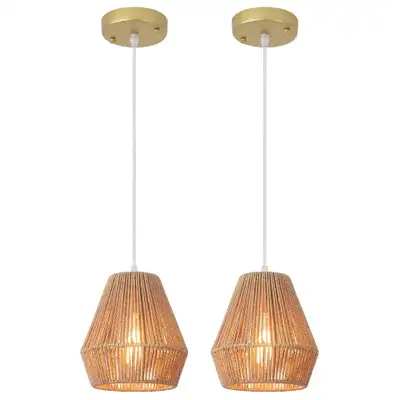 NEW - Set of 2 Boho Rattan Pendant Light, View more