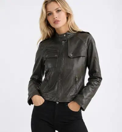 Banana Republic Women’s Leather Moto Jacket (grey/green), View more
