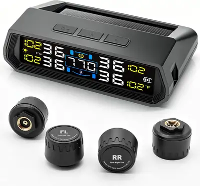 Tire Pressure Monitoring System, 4 Sensors, Solar/USB-C, Color LCD Adjustable 0-99PSI , 6 alarms, ex...