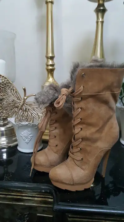 Worn once for photography. These are fantastic platform high heel boots. They are a suede or nubuck...