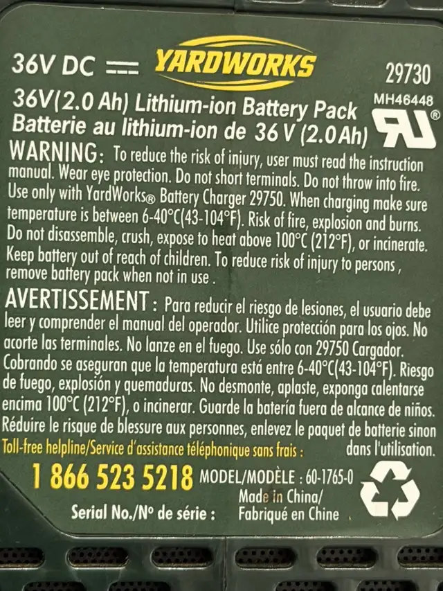 Yardworks Replacement 36V 2Ah Lithium-Ion Battery and charger in Lawnmowers & Leaf Blowers in City of Toronto - Image 4
