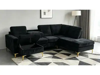 Black Corduroy Sectional Sofa with Storage, View more