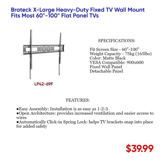 TV WALL BRACKETS, NON TILTING, TILTING, CEILING, FULLMOTION in General Electronics in Mississauga / Peel Region - Image 4