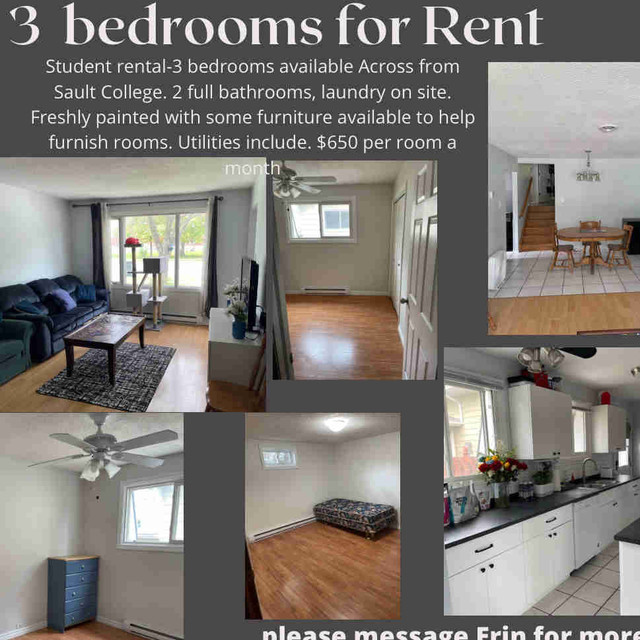 House near Sault college - 3 separate bedrooms for rent  in Room Rentals & Roommates in Sault Ste. Marie