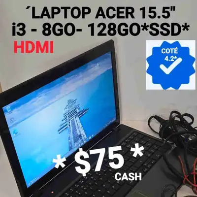 LAPTOP ACER 15.5"- i3 - 8GO-128GO* HDMI, View more