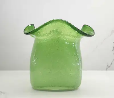 Vintage Green Bubble Glass Ruffled Edge Flower Vase Glass Art, View more