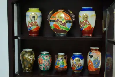 Vintage + Antique Japanese porcelain and ceramic miniature 11 piece collection of hand painted vases...