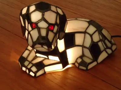 Tiffany technique mosaic table lamp. Glass Puppy Accent Lamp. Mosaic Dog Night Light. @ 24cm long, (...