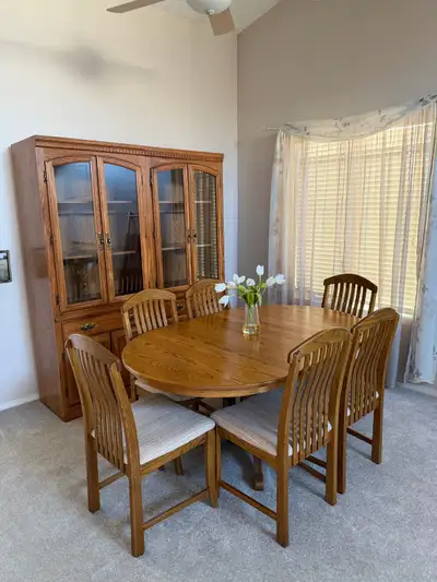 Dining table, 6 chairs by Woodcraft Design, Cabinets by Palliser, View more