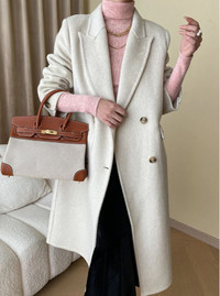 New Women Creamy White Button Up Quilted Long Coat