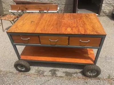 STUNNING CUSTOM OLDER HEAVY STEEL FRAMED WORK STATION  3 DRAWERS, View more
