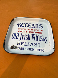 Bar man cave Keegan’s Irish whiskey porcelain tray advertising 