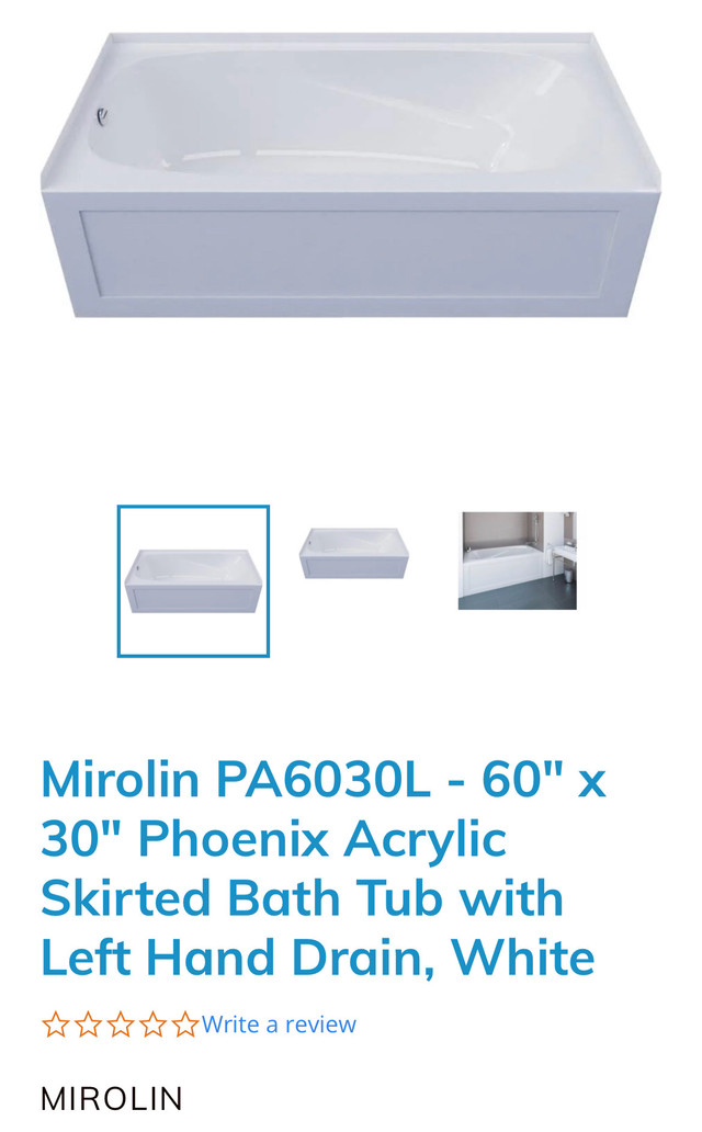 MIROLIN 60" X 30" Phoenix Acrylic Tub - With Left Hand or Right  in Plumbing, Sinks, Toilets & Showers in City of Toronto