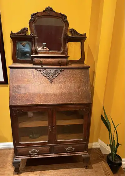 Antique Quarter Cut Oak Drop Front Secretary Desk, View more