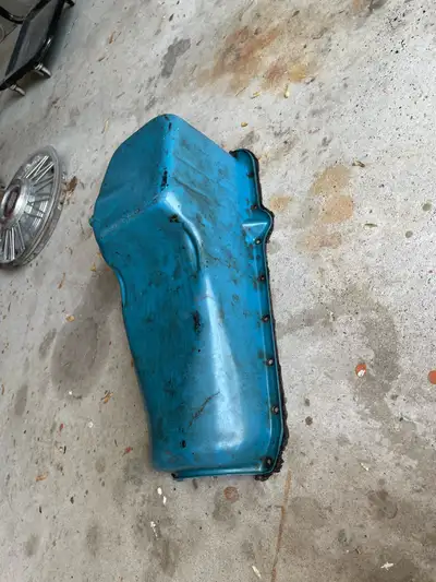 Oil pan from a Small Bock Chevrolet, has the dip stick hole on the right (passenger) side. $20.