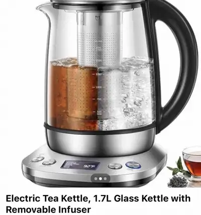 This electric tea kettle boasts a 1.7L glass body. It includes a removable infuser for easy steeping...