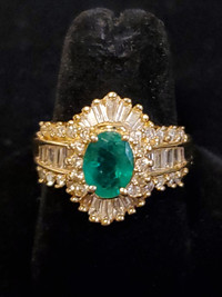 14k Yellow Gold 2.21ct Diamond + Emerald Cluster Ring Size 7