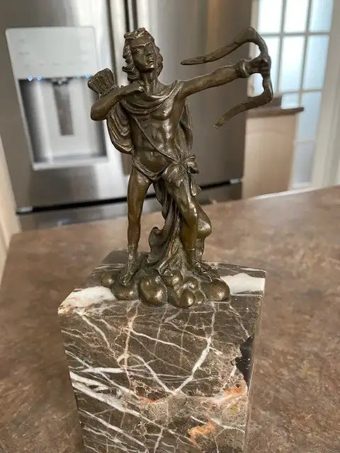 ANTIQUE Heavy Bronze Male Archer on  Marble Pillar Stand63234703021953121
