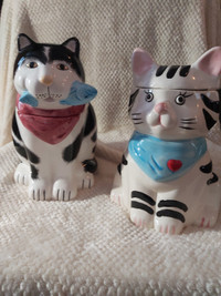 Cute & Fun Vintage Ceramic Set of 2 "Boy & Girl" Cat Cookie Jars