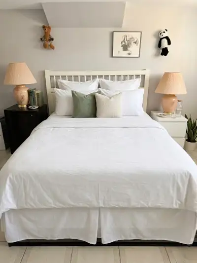 QUEEN BED FRAME + WHITE HEADBOARD + FREE BED SKIRT , View more