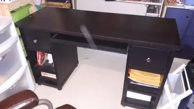 desk, 2 drawers, 4 shelves pull out key board tray dark color, View more
