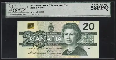 1991 Bank of Canada, $20 Twenty Dollars Replacement Note, BC-58bA-i, Legacy 58 PPQ Choice About New,...