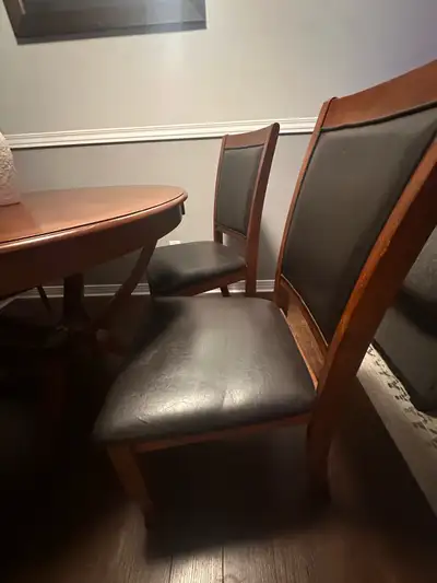 Round Wood Dining Table with 4 Upholstered Leather Chairs, View more