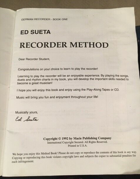 German Recorder Method Book One instructions Ed Sueta©1992 in Other in City of Toronto - Image 3