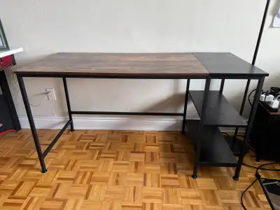 JOISCOPE 55-inch computer desk in vintage oak finish with wooden shelves and a sturdy metal frame. I...