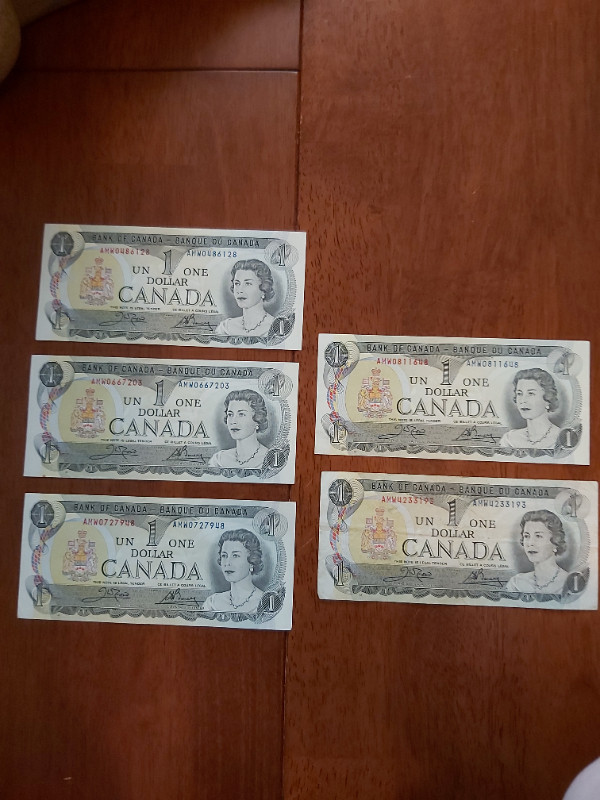5 B of C 1973 $1 Bills Crow-Bouey AMW Numbers in Arts & Collectibles in Saint John