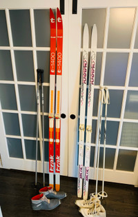 2 sets vintage cross-country skis with boots and poles