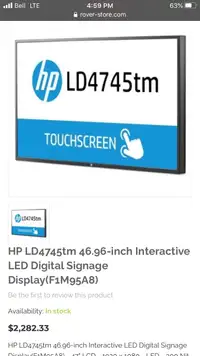 HP 47” commercial digital touchscreen display. PC and wall mount