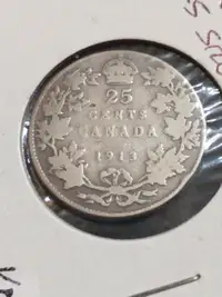 1913 VF Canada 25c George V .925 silver quarter