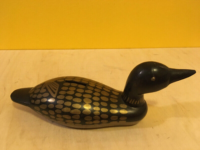 Vintage 70s Loon Money Bank Solid Brass Black/Gold, Canadianna in Arts & Collectibles in Oshawa / Durham Region