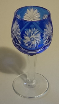 Vintage Cut To Clear Crystal Bohemian Czech Blue Cordial Glass