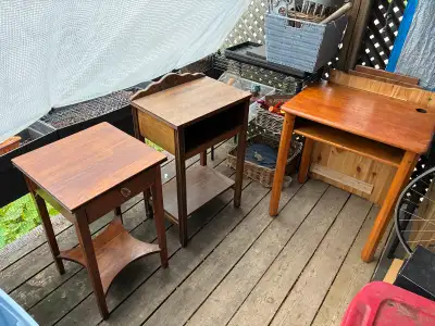 Wood desk and end tables, View more