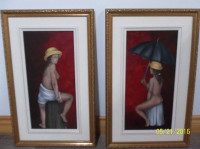 Peinture à l'huile (fille au parapluie et fille au chapeau jaune