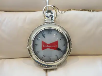 Vintage 1940's Budweiser Light Up Hanging Clock Metal & Glass, View more