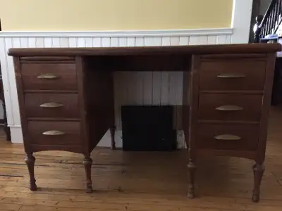 solid wood desk double pedestal, needs refinishing, View more