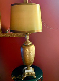 24kt gilt gold and glass French lamp with large MCM shade