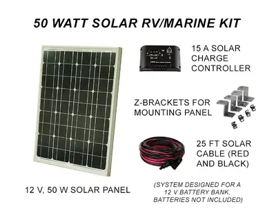 Our 50 Watt, RV solar kit is designed to keep your battery charged when there is no AC power availab...