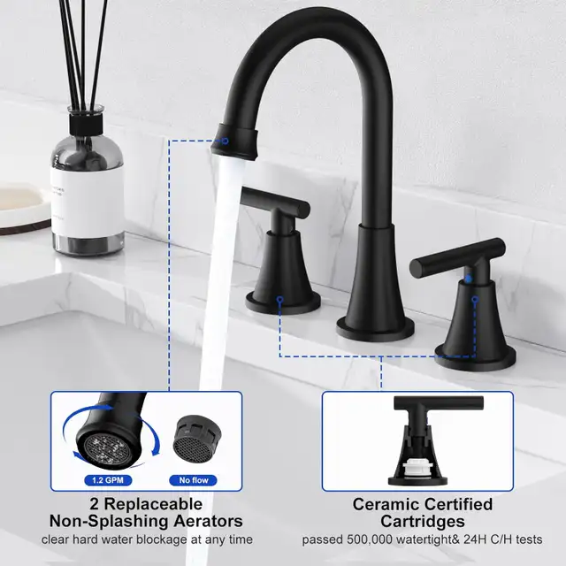 2 Pack Bathroom Faucets for Sink 3 Hole, Hurran Matte Black in Bathwares in Gatineau - Image 3